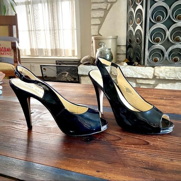 Nine West Peep Toe Sling Back Black Patent Leather Heels - Picture 4 of 8